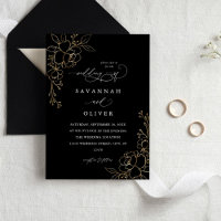 Gold-Lined Bloral Black Wedding Einladungen