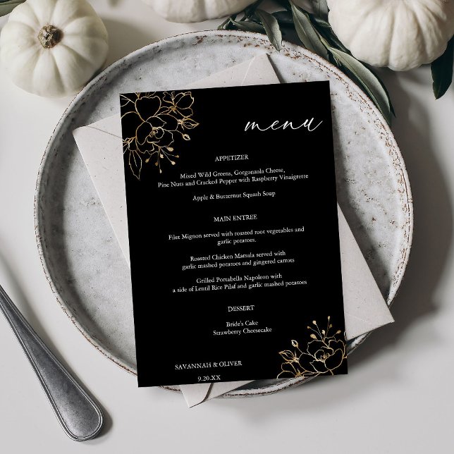 Gold Lined Floral Menu - Schwarz Einladung (Von Creator hochgeladen)