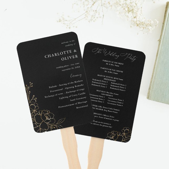 Gold Lined Floral Wedding Program - Black Fächer (Von Creator hochgeladen)