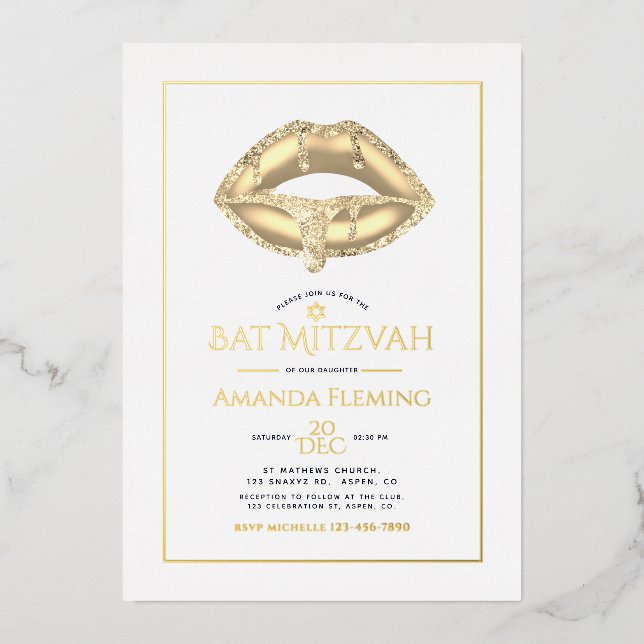Gold Lips Bat Mitzvah Foto Einladung (Vorderseite)