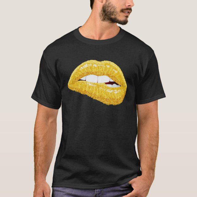 Gold Lips Biting Lipstick Makeup T-Shirt (Vorderseite)