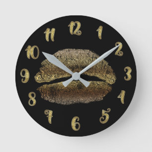Gold Lips Lipstick Kiss Glamour Glam Chic Runde Wanduhr