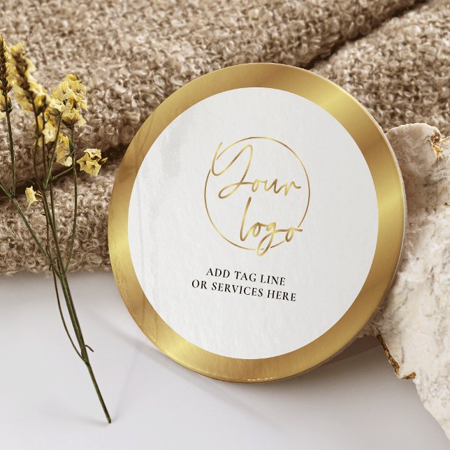 Gold Logo Real Anwesen Corporate Business Event Runder Pappuntersetzer (Elegant white and gold company logo branded round coasters)