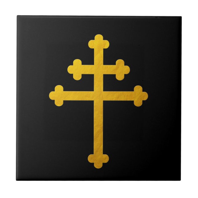 Gold Lorraine Cross auf Schwarz / Christlich Fliese (Vorderseite)