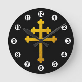 Gold Lorraine Cross auf Schwarz / Christlich Runde Wanduhr