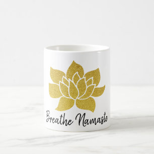 *~* Gold Lotus atmen Namaste goldenes Lotus Weiß Kaffeetasse