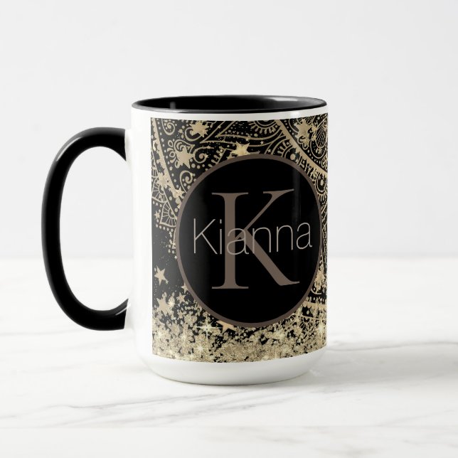 Gold Lotus Mandala Glittery Stars Monogram Tasse (Links)