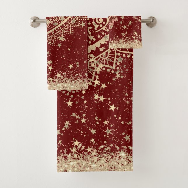 Gold Lotus Mandala mit Gold Stars auf Rot Badhandtuch Set (Insitu)