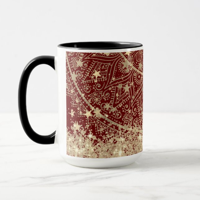 Gold Lotus Mandala mit Gold Stars auf Rot Tasse (Links)