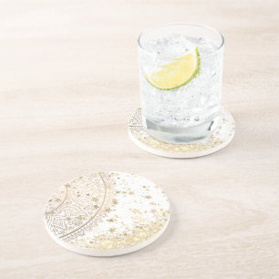 Gold Lotus Mandala mit Gold Stars auf Weiß Getränkeuntersetzer
