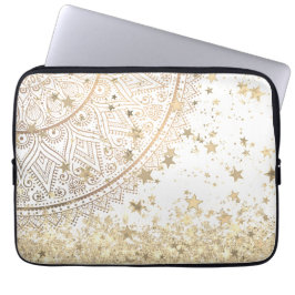 Gold Lotus Mandala mit Gold Stars auf Weiß Laptopschutzhülle