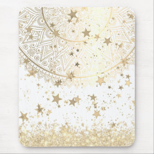 Gold Lotus Mandala mit Gold Stars auf Weiß Mousepad
