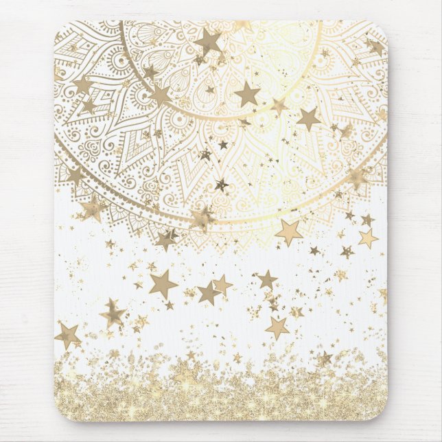 Gold Lotus Mandala mit Gold Stars auf Weiß Mousepad (Vorne)