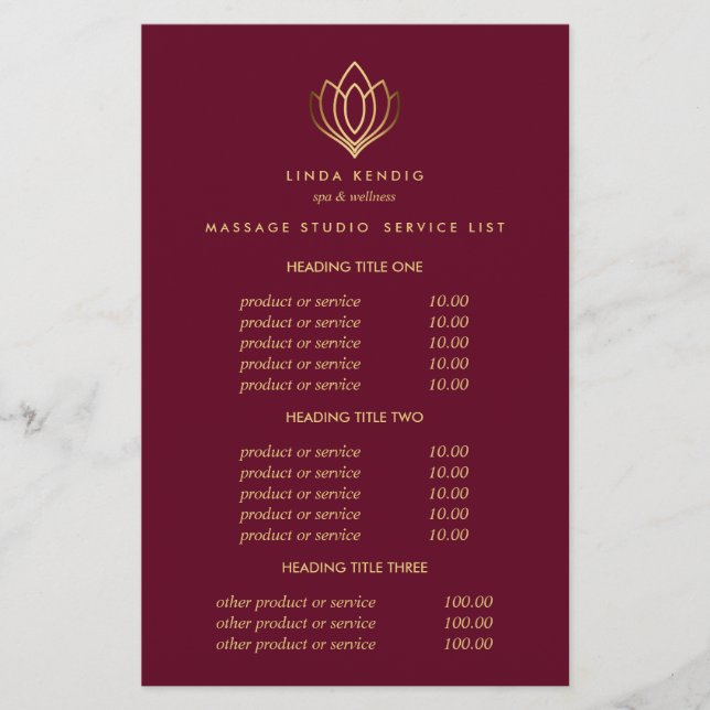 Gold Lotus Ruby Wellness-Center & Massage Preise & Flyer (Vorne)