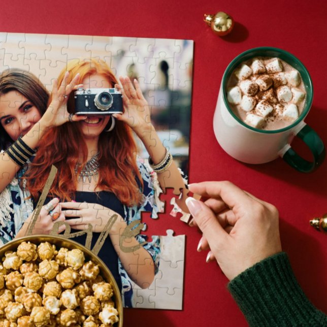 Gold Love Brush Script Overlay Couple Photo Memory Puzzle (Gold Love Brush Script Overlay Couple Photo Memory Jigsaw Puzzle)