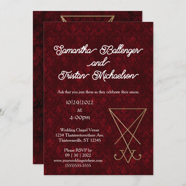 Gold Lucifer Sigil auf Red Damask Satanic Wedding Einladung (Vorne/Hinten)