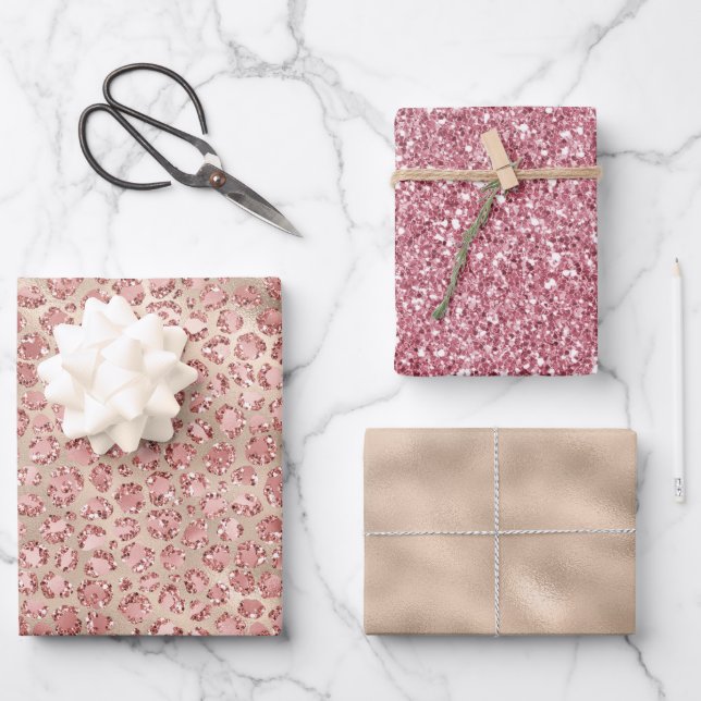 Gold Luxe Blush Pink Glitzer Leopard Print Geschenkpapier Set (Vorderseite)