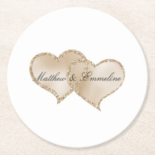Gold Luxe Glitzer Glitz Hearts Wedding Runder Pappuntersetzer