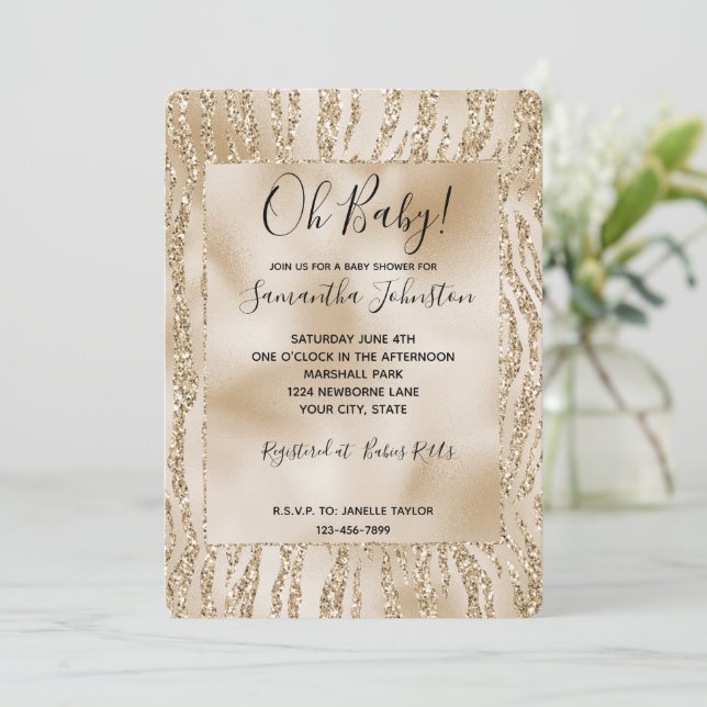 Gold Luxe Glitzer Zebra Print Einladung (Stehend Vorderseite)