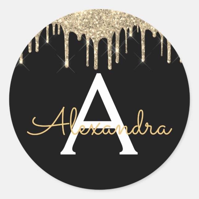 Gold Luxury Glitzer Glam Monogram Name Runder Aufkleber (Vorderseite)