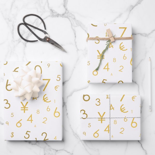 Gold Luxury Numbers & Currency Symbols Muster Geschenkpapier Set (Vorderseite)