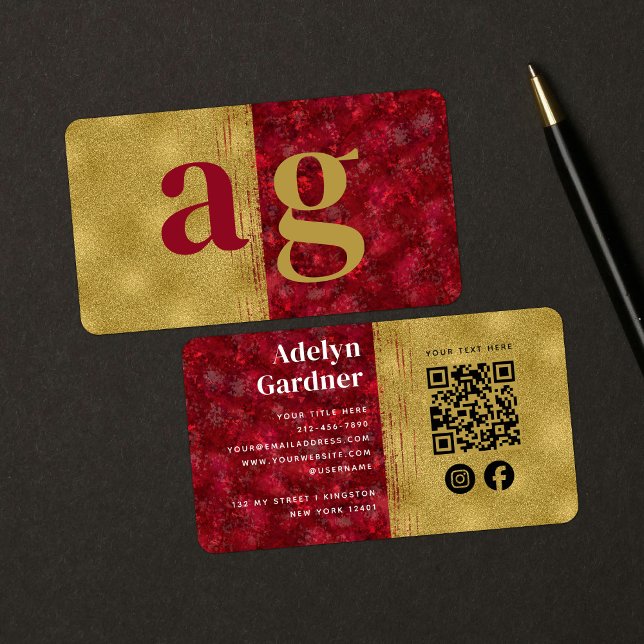 Gold Luxury Ruby Monogram QR Code Social Media Visitenkarte (Von Creator hochgeladen)