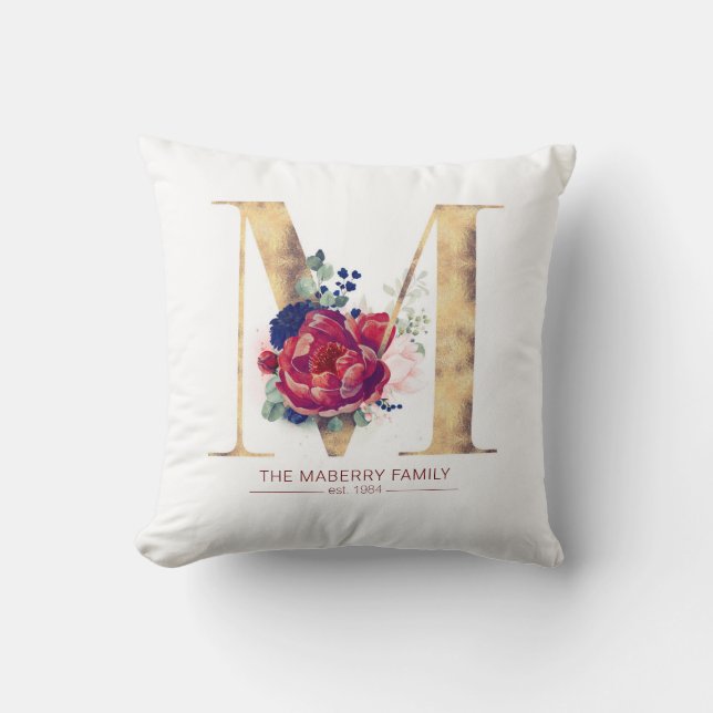 Gold M Monogram Floral Burgund Red and Navy Blue Kissen (Vorderseite)