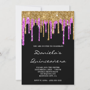 Gold Magenta Glitter-Tropfen Schwarze Quinceañera Einladung