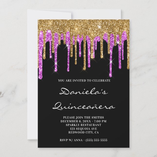 Gold Magenta Glitzer Tropfen Black Quinceañera Einladung (Vorderseite)