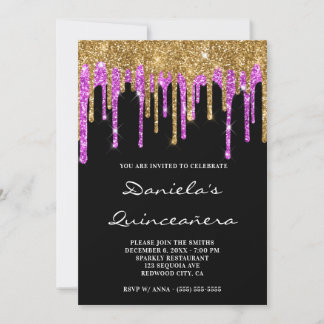Gold Magenta Glitzer Tropfen Black Quinceañera Einladung