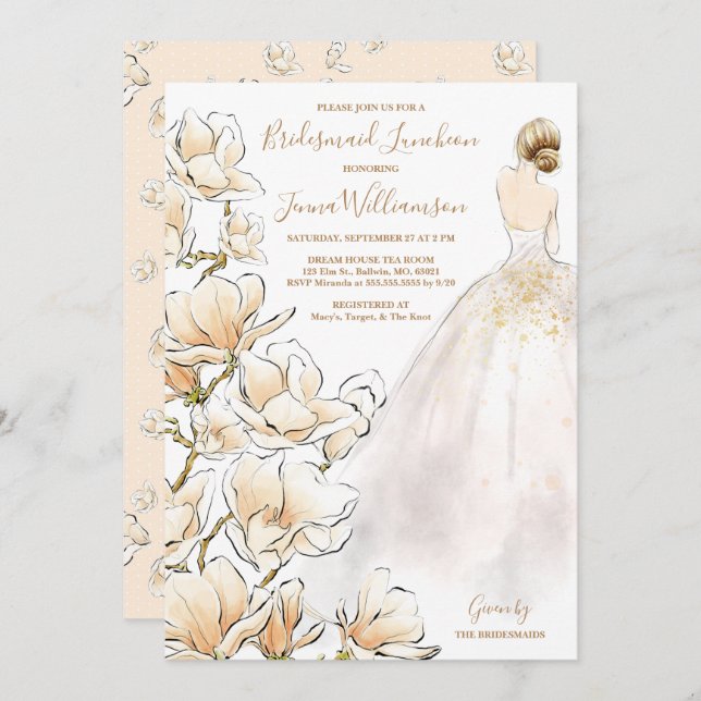 Gold Magnolia Bridesmaid Luncheon Einladung (Vorne/Hinten)