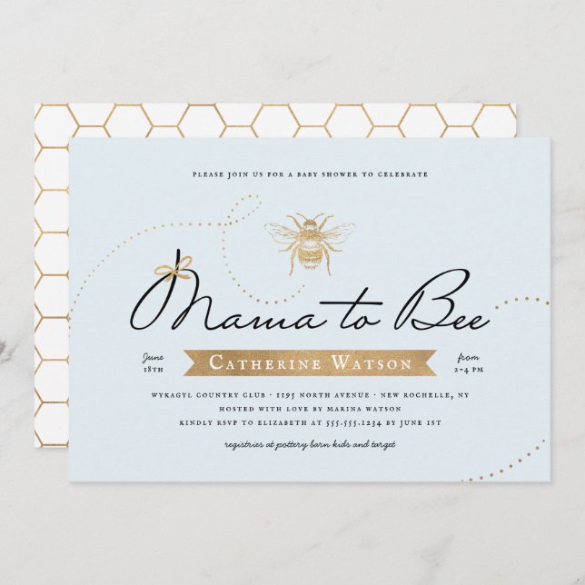 Gold Mama to Bee Baby Dusche Blue Einladung (Vorne/Hinten)