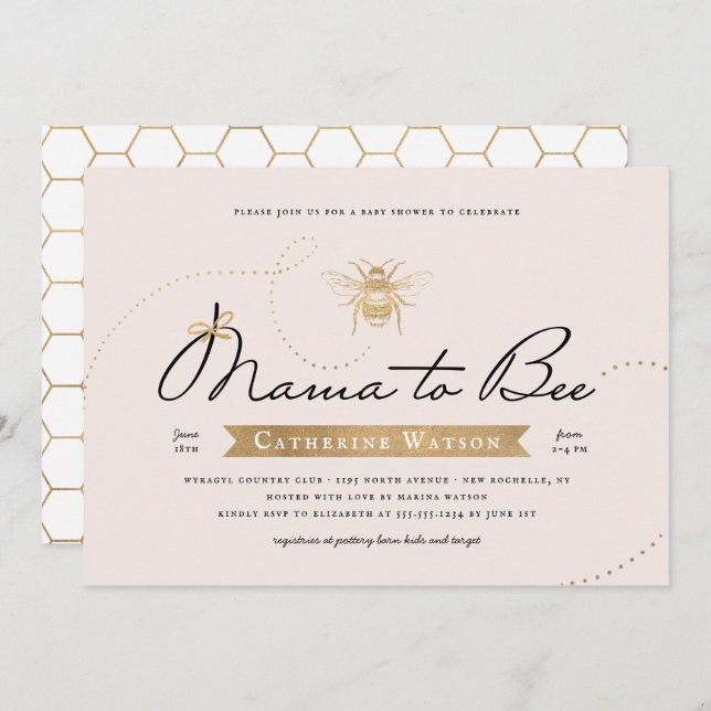 Gold Mama to Bee Baby Dusche Einladung (Vorne/Hinten)