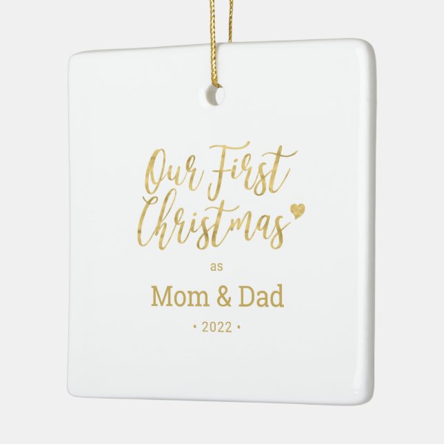 Gold Mama & Vater Eltern Erstes Weihnachtsfest Fot Keramikornament (Links)