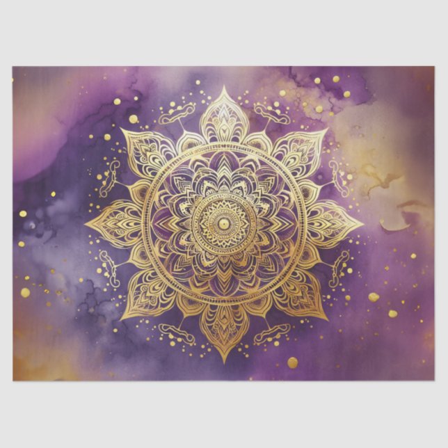 Gold Mandala auf der Lila Aquarellfarben-Decoupage Seidenpapier (Vorderseite)