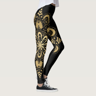 Gold Mandala Black Boho Leggings