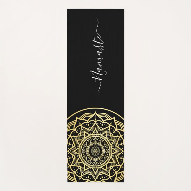 Gold Mandala Black Namaste Script Yoga Mat Yogamatte (Vorderseite)