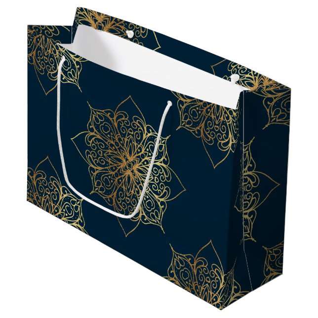 Gold Mandala Damask Muster Große Geschenktüte (Vorderseite Schrägansicht)