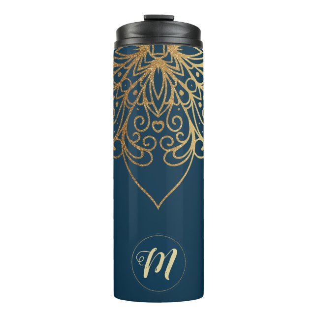 Gold Mandala Damask Muster und Monogram Thermosbecher (Vorderseite)