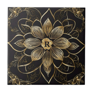 Gold Mandala Floral Schwarz Elegantes Monogramm An Fliese