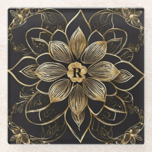 Gold Mandala Floral Schwarz Elegantes Monogramm An Glasuntersetzer