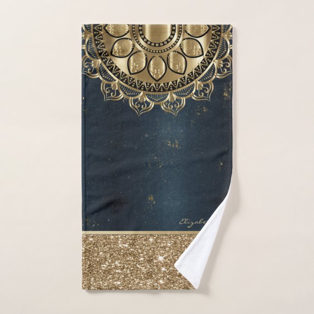 Gold Mandala, Glitzer Navy Blue Badhandtuch Set (Handtuch)