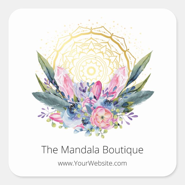 Gold Mandala Pink Crystals Psychisches Spirituelle Quadratischer Aufkleber (Vorderseite)