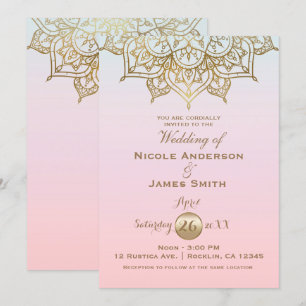 Gold Mandala Pink Peach Moderne Elegante Hochzeit Einladung