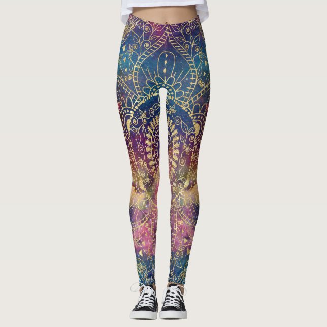 Gold Mandala Watercolor Farbennebel Leggings (Vorderseite)