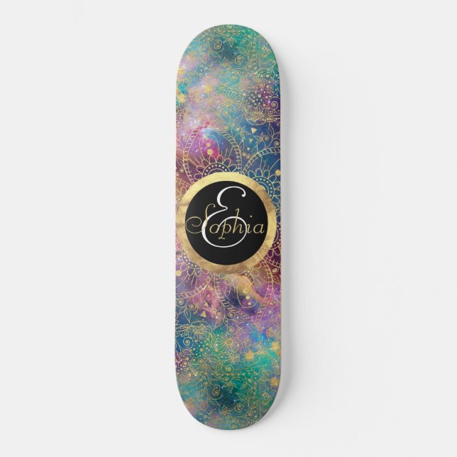 Gold Mandala Watercolor Farbennebel Skateboard (Vorderseite)