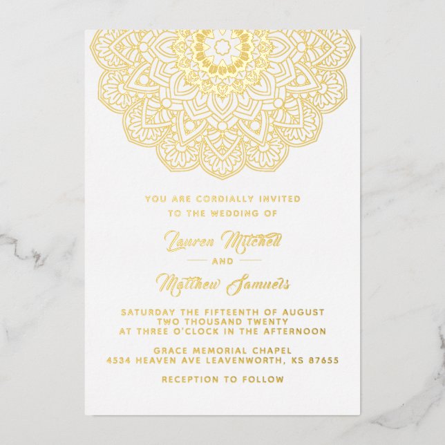 Gold Mandala Wedding Foil Einladung (Vorderseite)