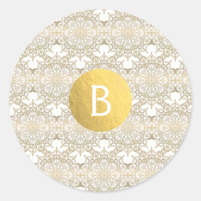 Gold Mandala White Modern Elegante Wedding Gefalle Runder Aufkleber (Vorderseite)