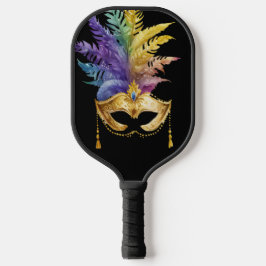 GOLD MARDI GRAS MASK MIT FARBENFARBIGEN FEATHERS PICKLEBALL SCHLÄGER