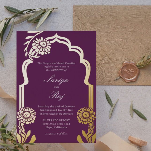 Gold Marigold Indian Wedding Einladung (hindu wedding invitation, indian wedding invitation, gold foil marigold flower mundap purple invite)